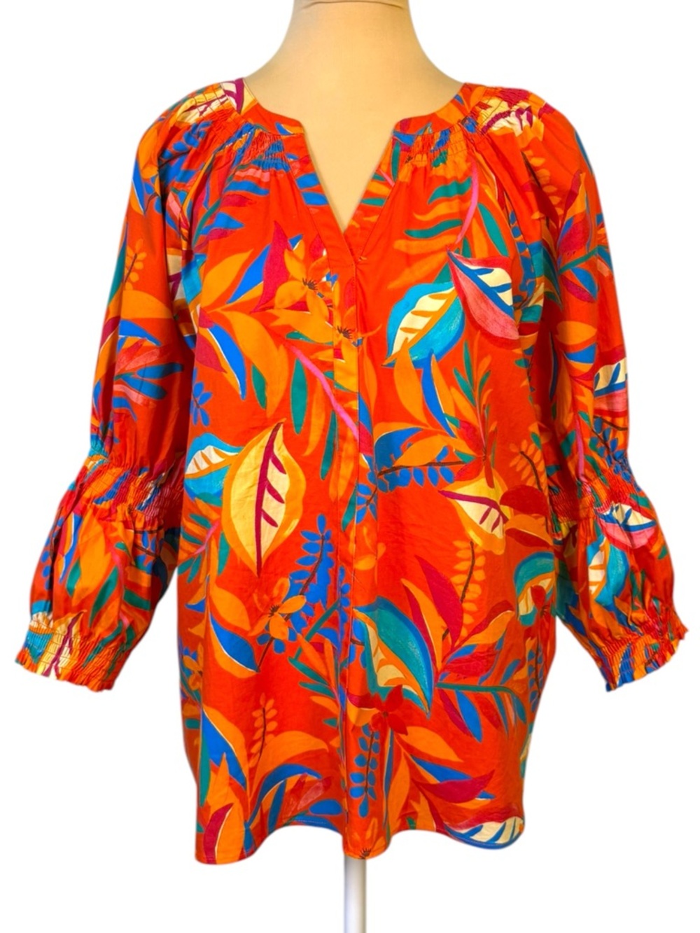 Spense Orange Tropical Print Blouse Size L Boho V-Neck High Low Tunic Top